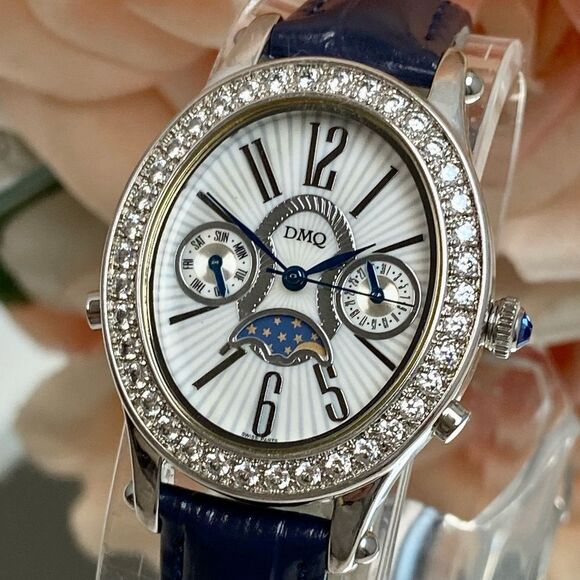 DMQ Diamonique CZ Bezel Moon Phase Multifunction Ladies Watch